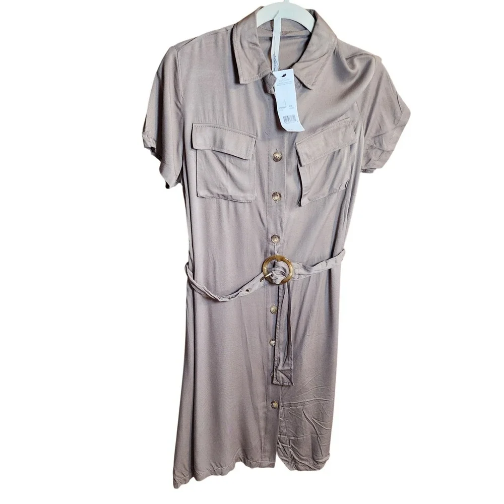 NY Collection Womens Petite Large Taupe Brown Belted Utility Shirt Dress TWD2423